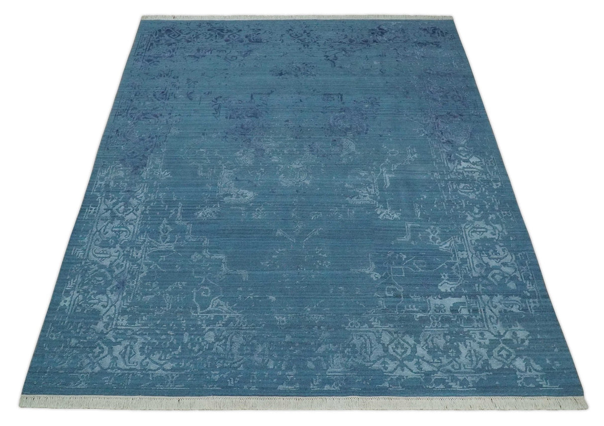 8x10 Blue Gray, Violet and Silver Traditional Handmade Wool and Art Silk Area Rug