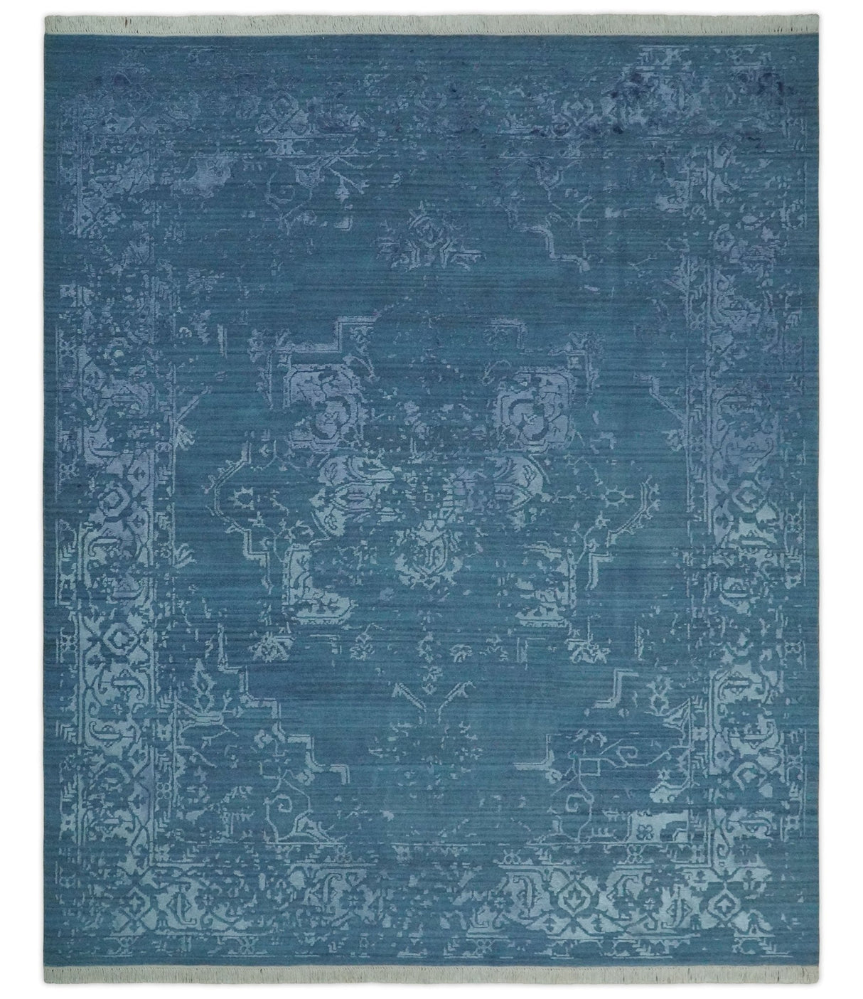 8x10 Blue Gray, Violet and Silver Traditional Handmade Wool and Art Silk Area Rug