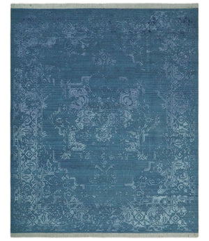 8x10 Blue Gray, Violet and Silver Traditional Handmade Wool and Art Silk Area Rug