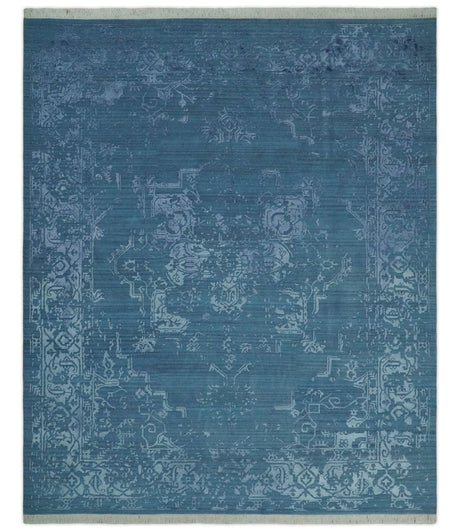 8x10 Blue Gray, Violet and Silver Traditional Handmade Wool and Art Silk Area Rug