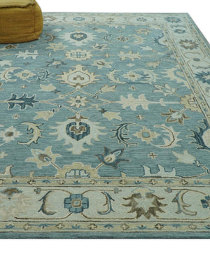 8x10 Blue, Ivory and Beige Hand Tufted Oriental Oushak wool area rug