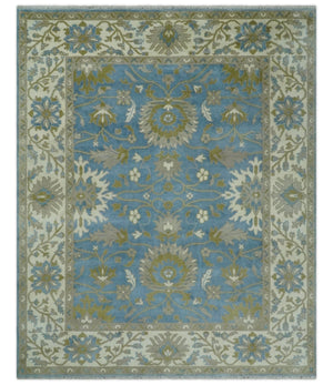 8x10 Blue, Ivory and Olive Hand Knotted Heriz Serapi Floral Area Rug | TRDCP1181810