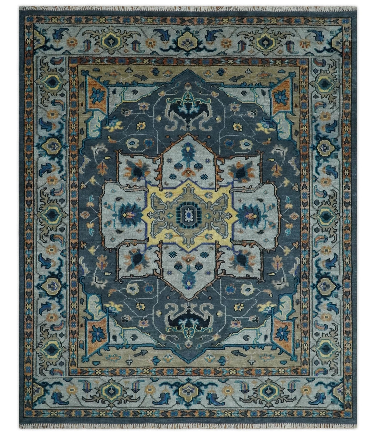 8x10 Blue, Silver and Beige Hand Knotted Traditional Heriz Serapi Wool Area Rug