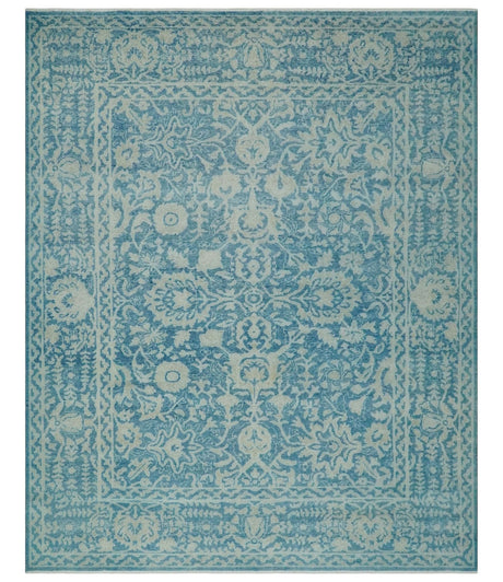 8x10 Blue and Camel Distressed Finish Low Pile Traditional Hand Knotted Wool Rug