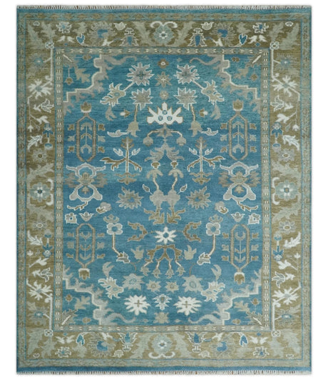 8x10 Blue and Olive Traditional Oushak Wool Rug, Large Patterns