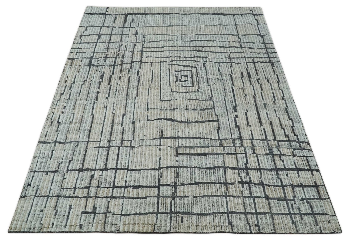 8x10 Contemporary Stripes pattern Beige, Silver and Charcoal Hand knotted wool Area Rug