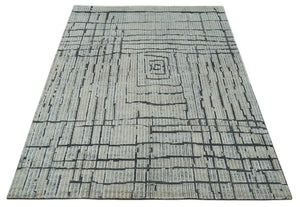 8x10 Contemporary Stripes pattern Beige, Silver and Charcoal Hand knotted wool Area Rug