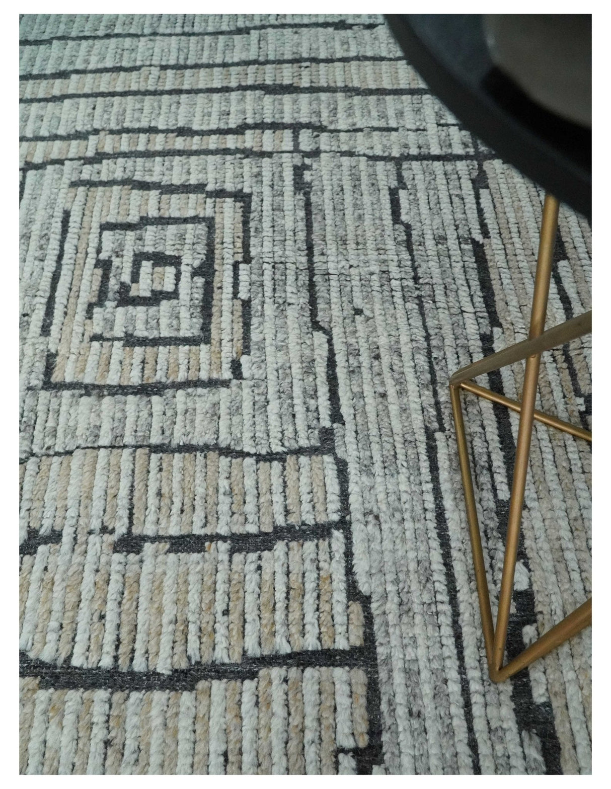 8x10 Contemporary Stripes pattern Beige, Silver and Charcoal Hand knotted wool Area Rug