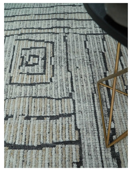 8x10 Contemporary Stripes pattern Beige, Silver and Charcoal Hand knotted wool Area Rug