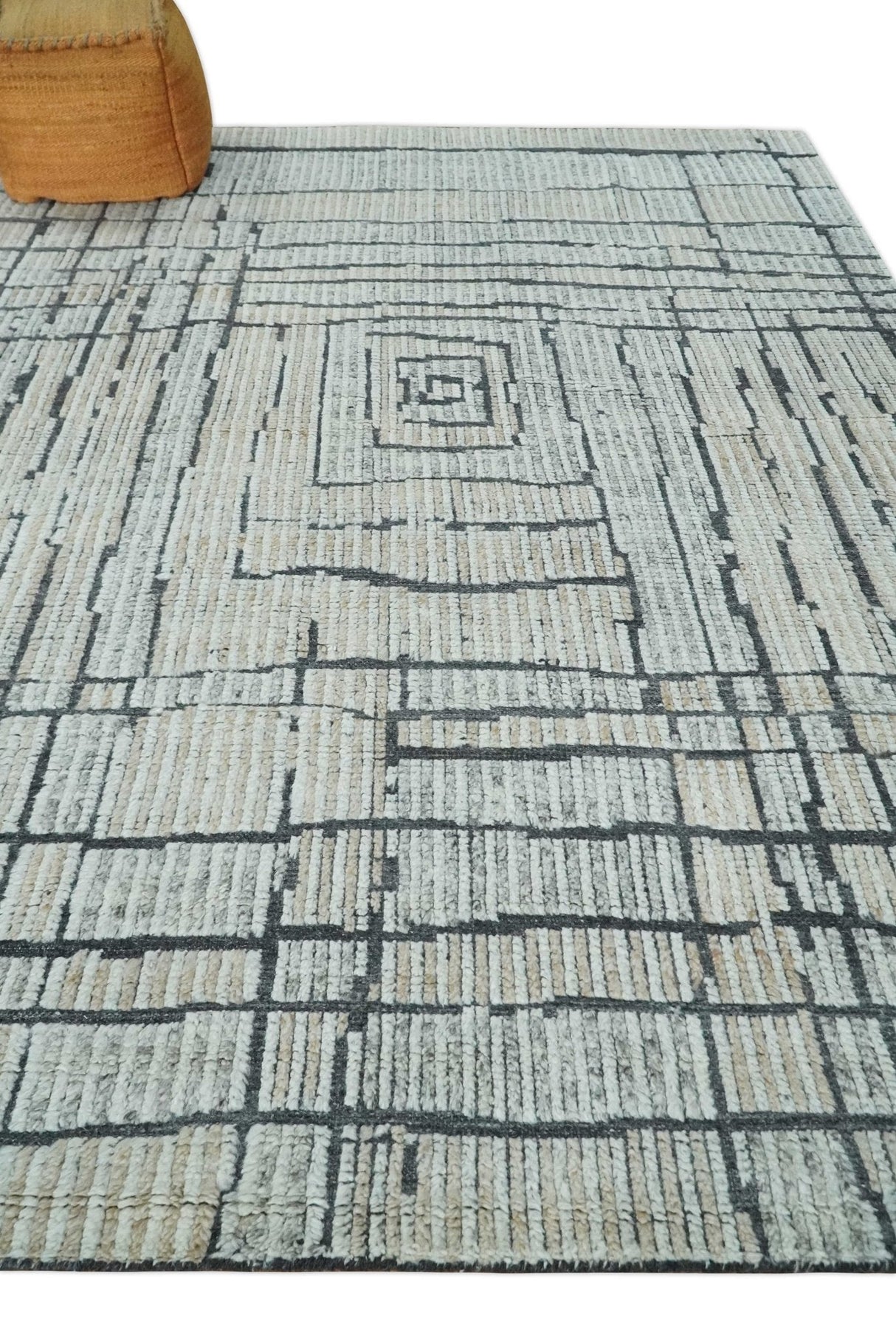 8x10 Contemporary Stripes pattern Beige, Silver and Charcoal Hand knotted wool Area Rug