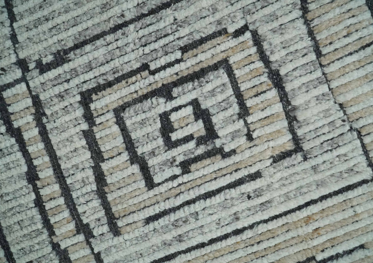 8x10 Contemporary Stripes pattern Beige, Silver and Charcoal Hand knotted wool Area Rug