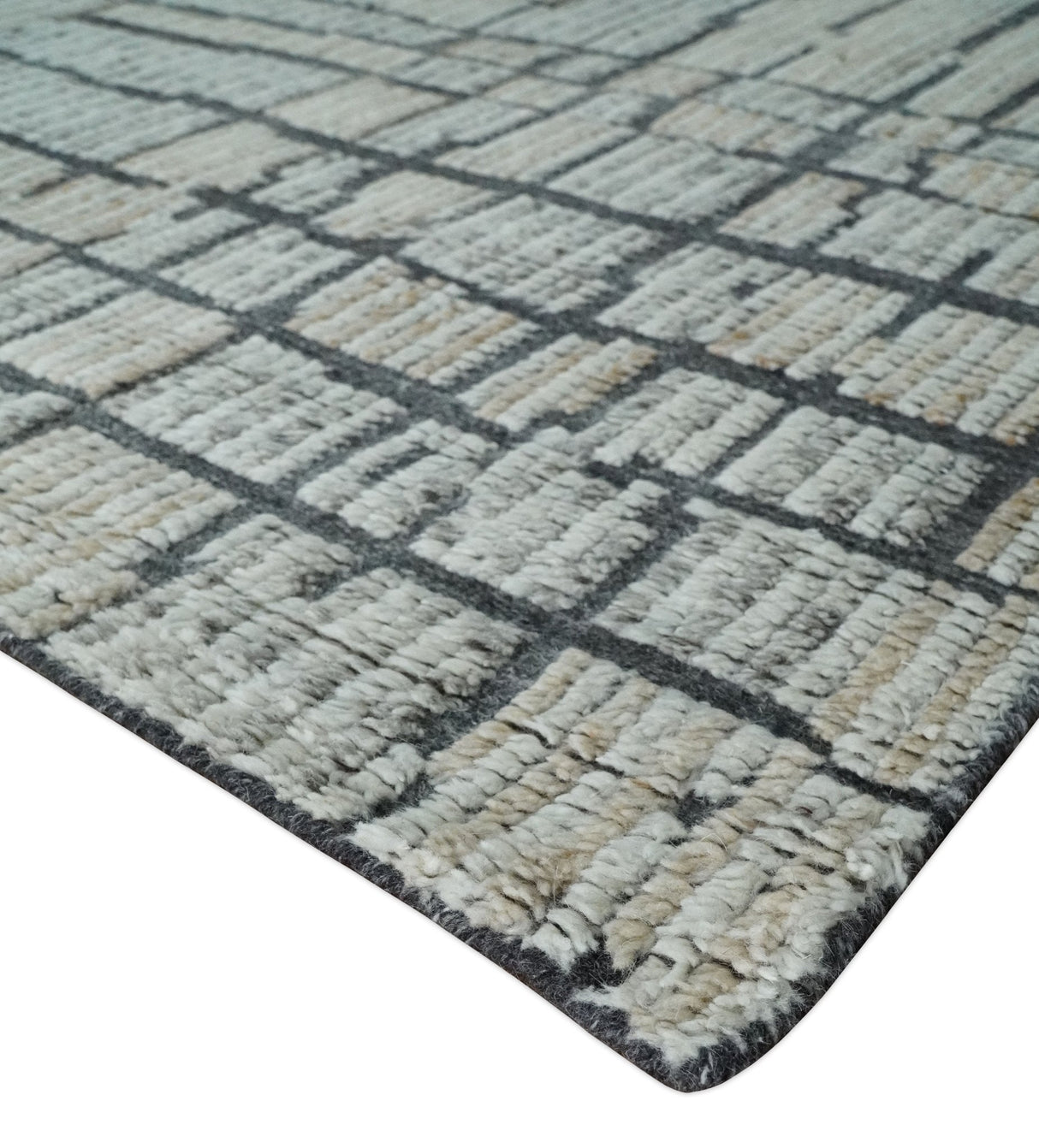 8x10 Contemporary Stripes pattern Beige, Silver and Charcoal Hand knotted wool Area Rug