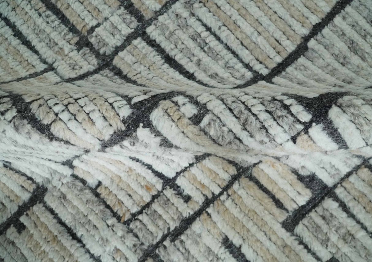 8x10 Contemporary Stripes pattern Beige, Silver and Charcoal Hand knotted wool Area Rug