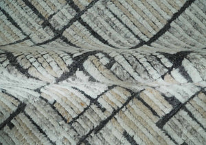 8x10 Contemporary Stripes pattern Beige, Silver and Charcoal Hand knotted wool Area Rug