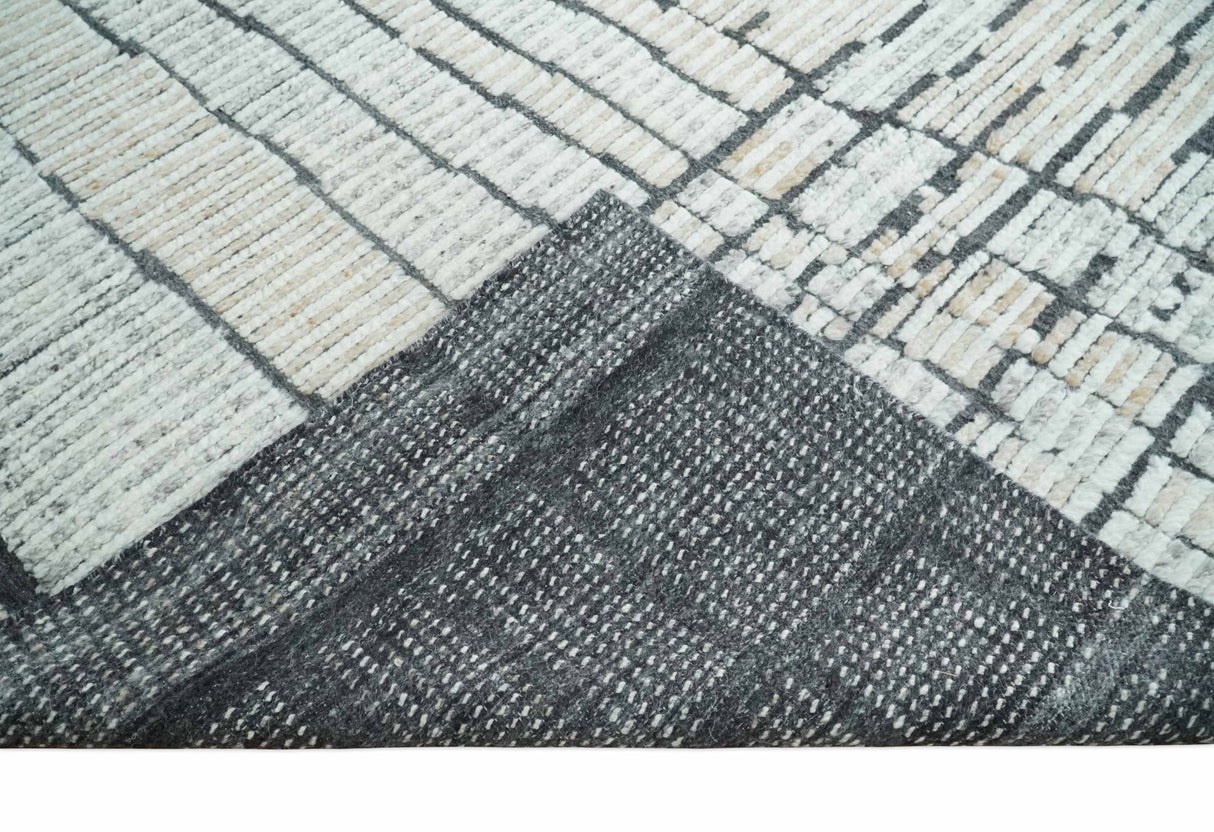 8x10 Contemporary Stripes pattern Beige, Silver and Charcoal Hand knotted wool Area Rug