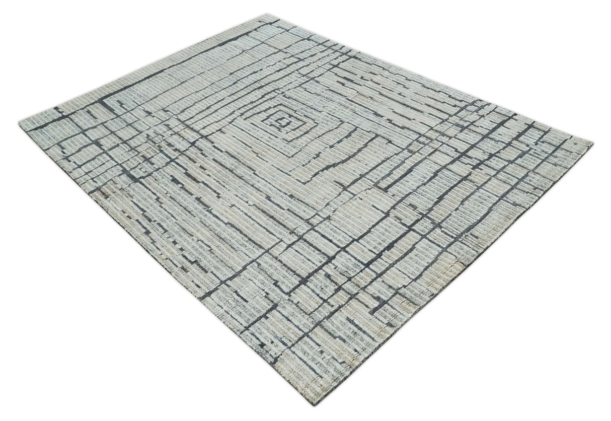 8x10 Contemporary Stripes pattern Beige, Silver and Charcoal Hand knotted wool Area Rug