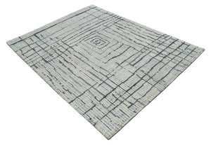 8x10 Contemporary Stripes pattern Beige, Silver and Charcoal Hand knotted wool Area Rug
