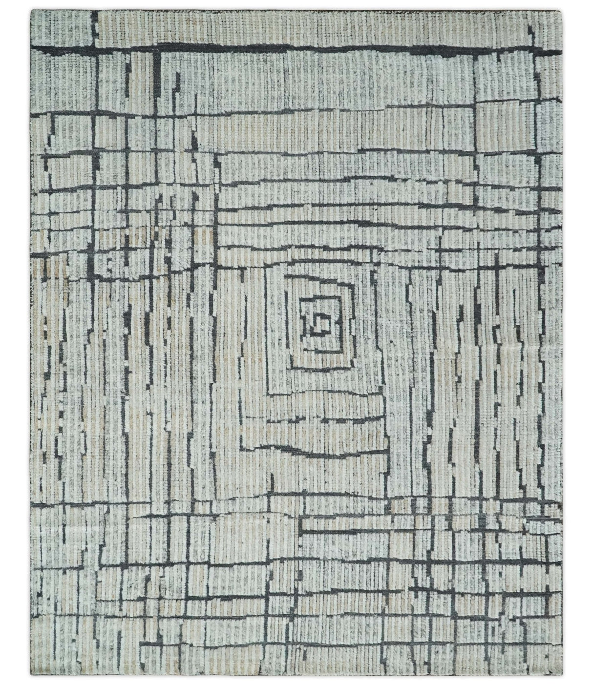 8x10 Contemporary Stripes pattern Beige, Silver and Charcoal Hand knotted wool Area Rug