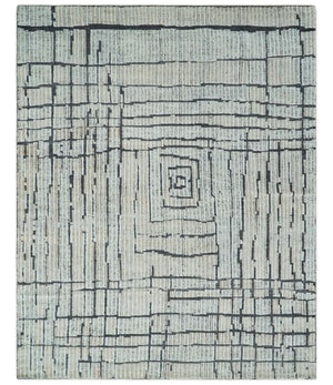 8x10 Contemporary Stripes pattern Beige, Silver and Charcoal Hand knotted wool Area Rug