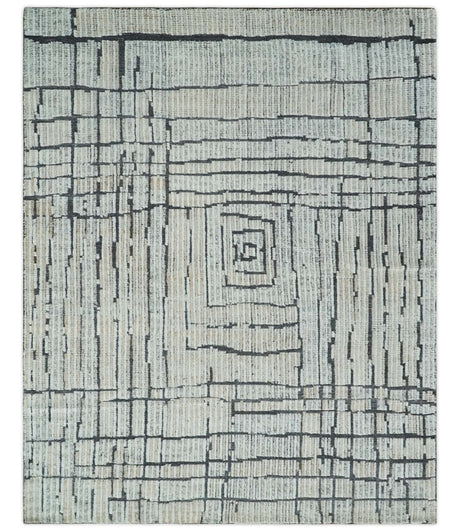 8x10 Contemporary Stripes pattern Beige, Silver and Charcoal Hand knotted wool Area Rug