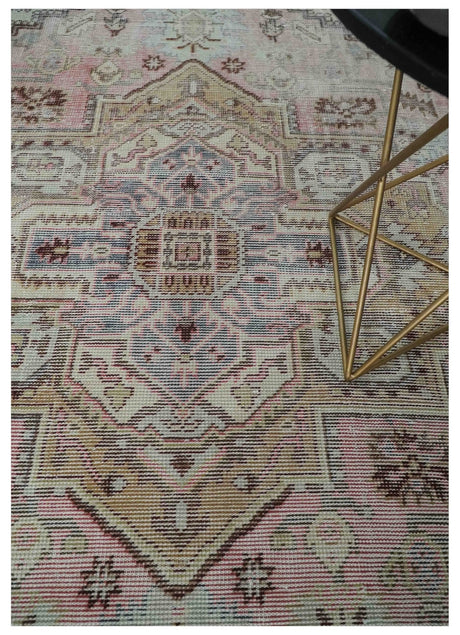 8x10 Distressed Low Pile Hand knotted Beige, Peach and Silver Wool Area Rug