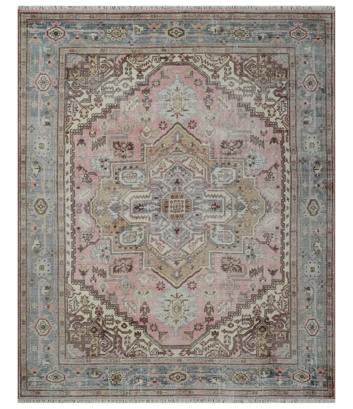 8x10 Distressed Low Pile Hand knotted Beige, Peach and Silver Wool Area Rug