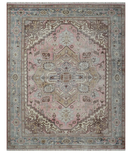 8x10 Distressed Low Pile Hand knotted Beige, Peach and Silver Wool Area Rug