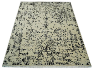 8x10 Fine Hand Knotted Beige and Black Traditional Vintage Persian Antique Wool Rug | AGR35