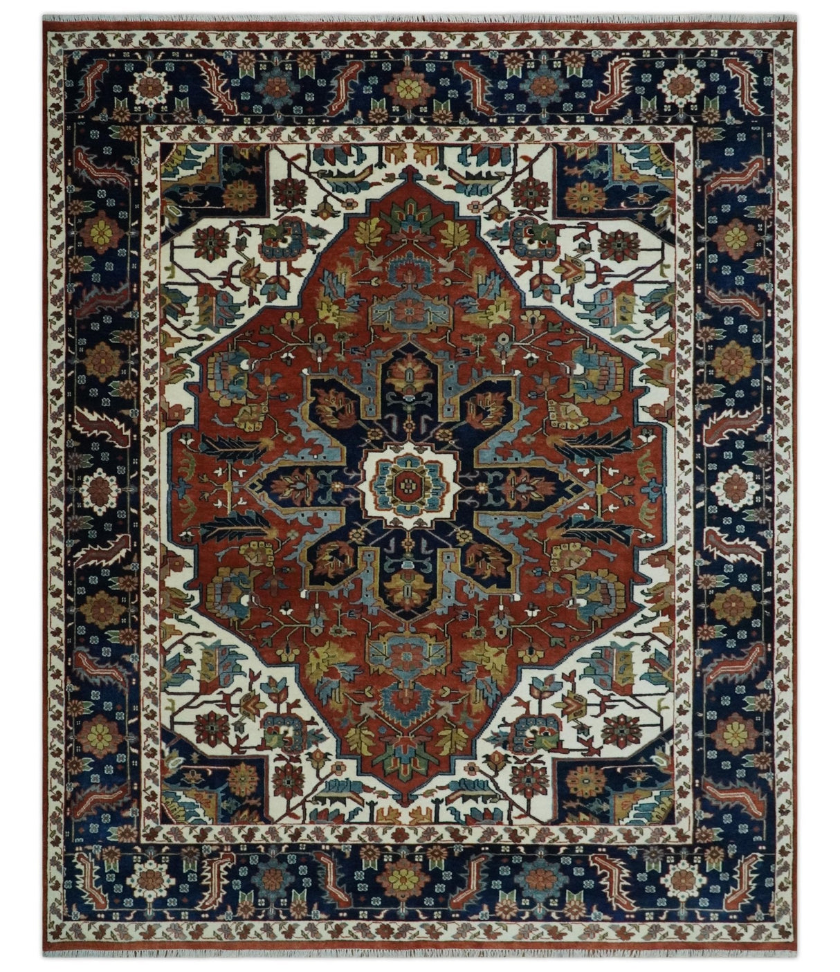 8x10 Fine Hand Knotted Blue, Brown and Ivory Traditional wool Area Rug