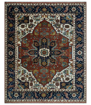 8x10 Fine Hand Knotted Blue, Brown and Ivory Traditional wool Area Rug
