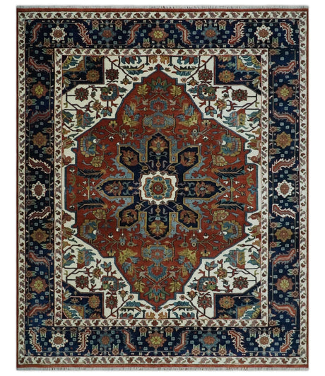 8x10 Fine Hand Knotted Blue, Brown and Ivory Traditional wool Area Rug