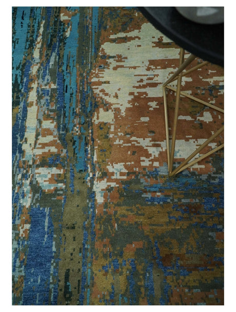 8x10 Fine Hand Knotted Blue and Brown Modern Abstract Wool Area Rug | AGR42
