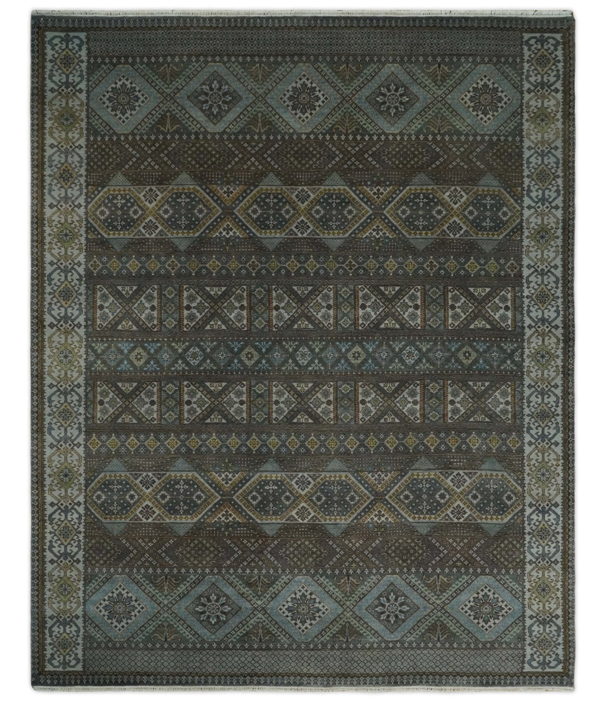 8x10 Fine Hand Knotted Brown and Blue Southwestern Traditional Antique Area Rug | AGR41
