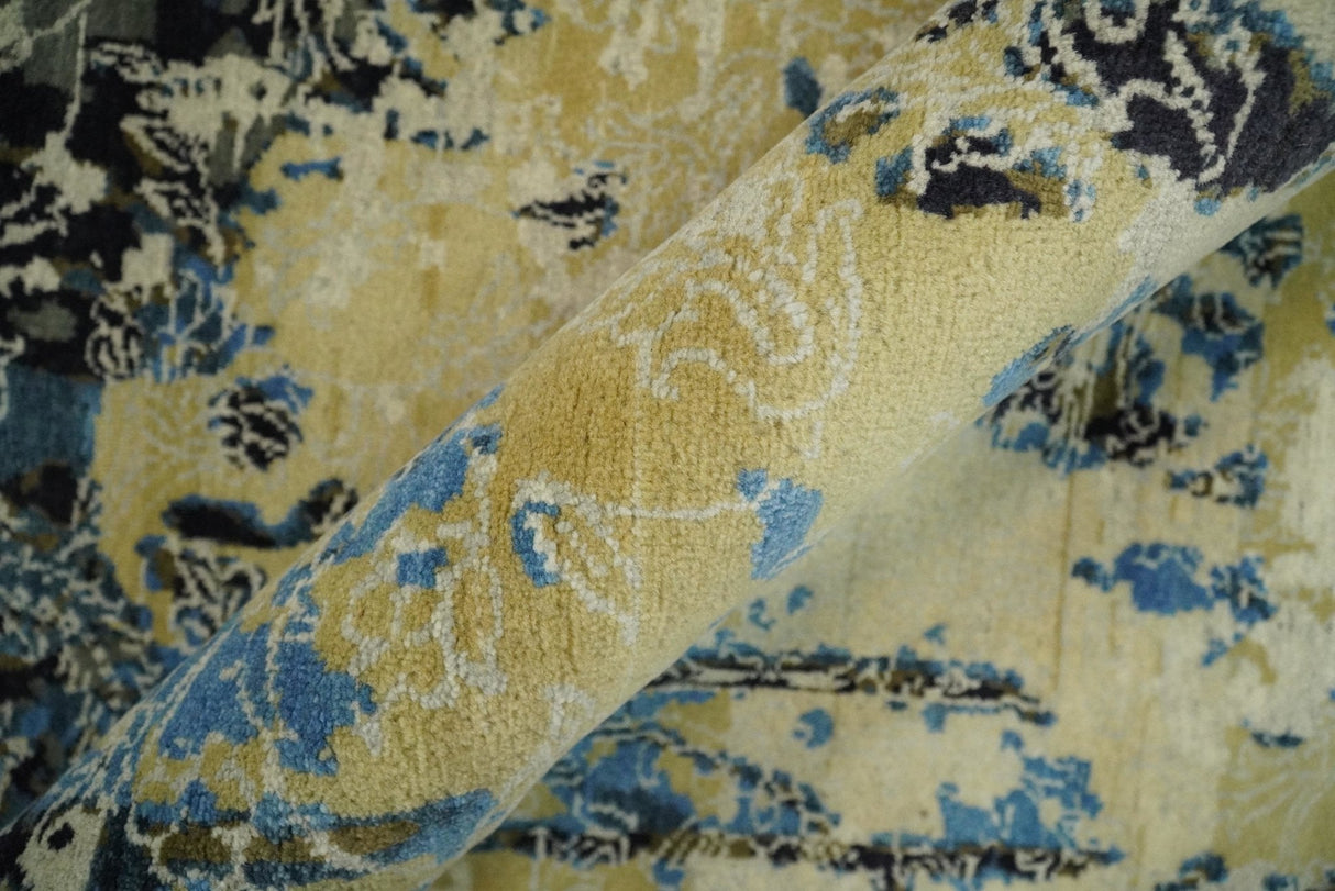 8x10 Fine Hand Knotted Charcoal, Camel and Blue Traditional Vintage Persian Style Antique Wool and Silk Rug | TRDCP703810
