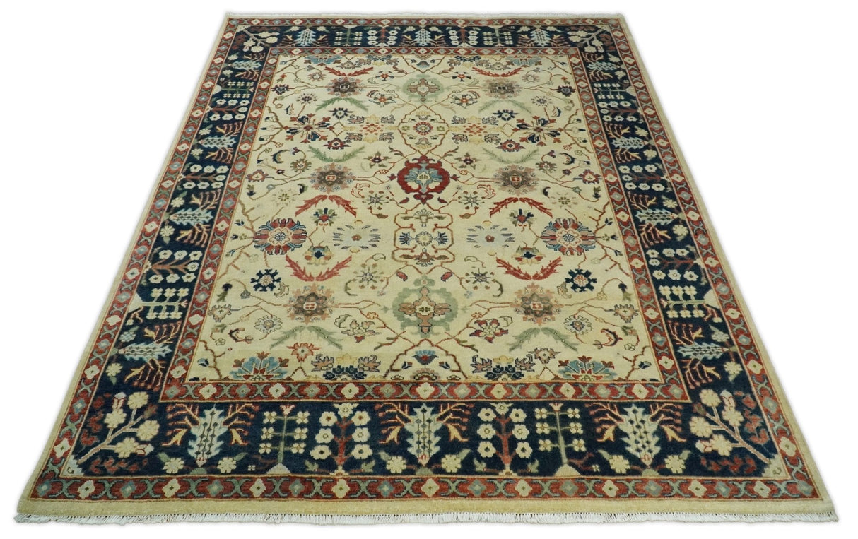 8x10 Fine Hand Knotted Ivory and Blue Traditional Vintage Style Mahal Antique Wool Rug | TRDCP492810