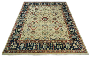 8x10 Fine Hand Knotted Ivory and Blue Traditional Vintage Style Mahal Antique Wool Rug | TRDCP492810