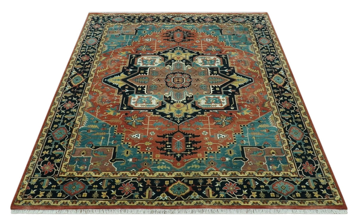 8x10 Fine Hand Knotted Rust, Teal and Dark Blue Traditional Heriz wool area rug