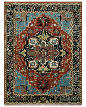 8x10 Fine Hand Knotted Rust, Teal and Dark Blue Traditional Heriz wool area rug