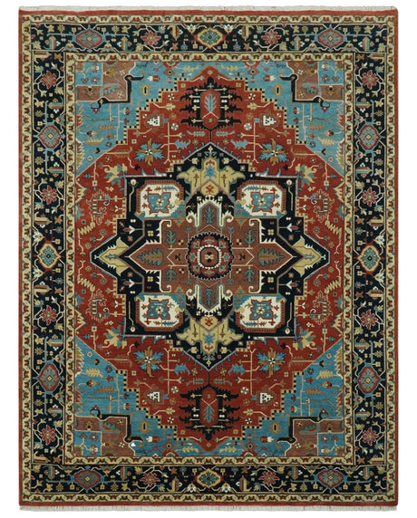 8x10 Fine Hand Knotted Rust, Teal and Dark Blue Traditional Heriz wool area rug