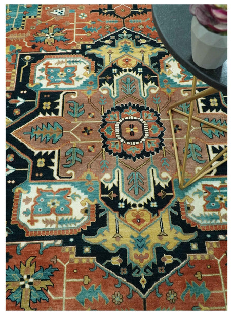 8x10 Fine Hand Knotted Rust, Teal and Dark Blue Traditional Heriz wool area rug