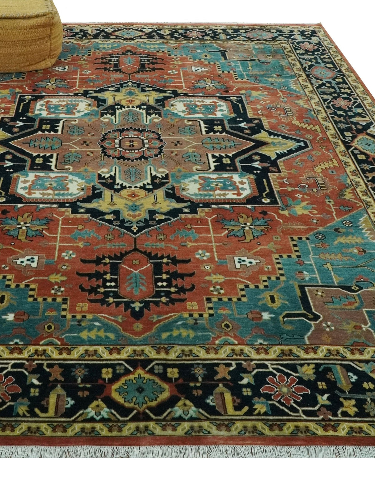 8x10 Fine Hand Knotted Rust, Teal and Dark Blue Traditional Heriz wool area rug
