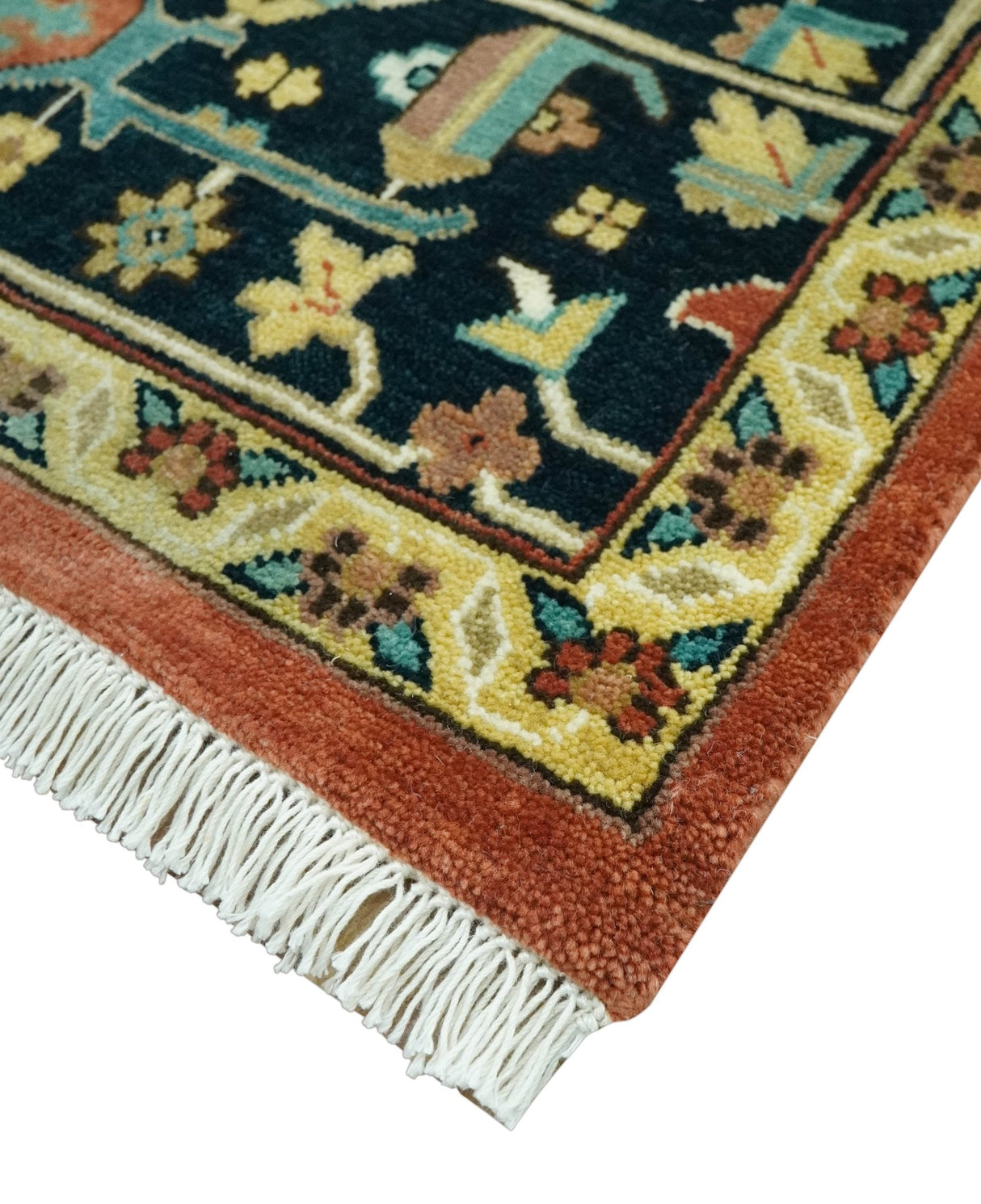 8x10 Fine Hand Knotted Rust, Teal and Dark Blue Traditional Heriz wool area rug
