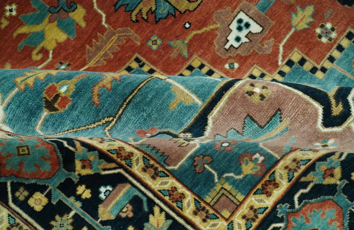8x10 Fine Hand Knotted Rust, Teal and Dark Blue Traditional Heriz wool area rug