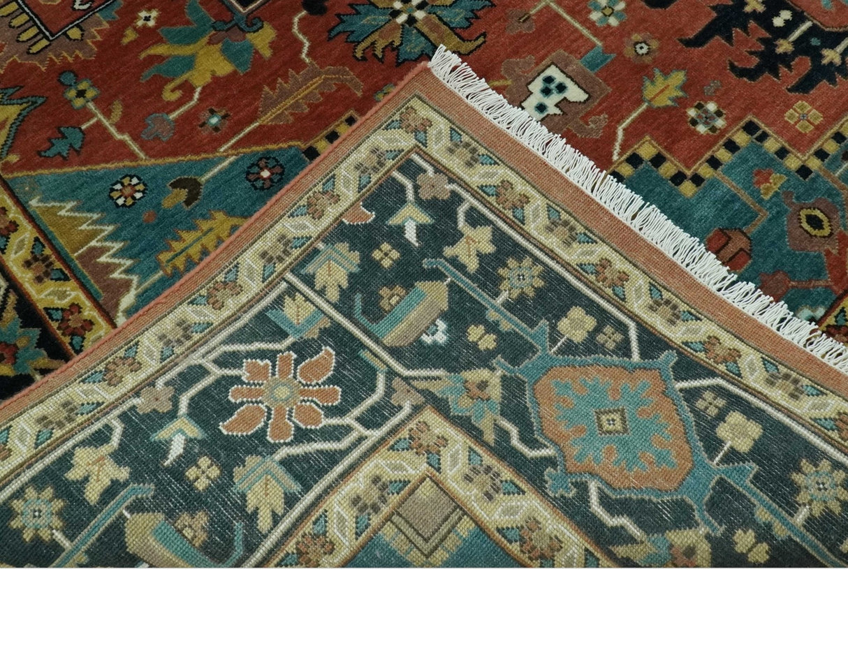 8x10 Fine Hand Knotted Rust, Teal and Dark Blue Traditional Heriz wool area rug