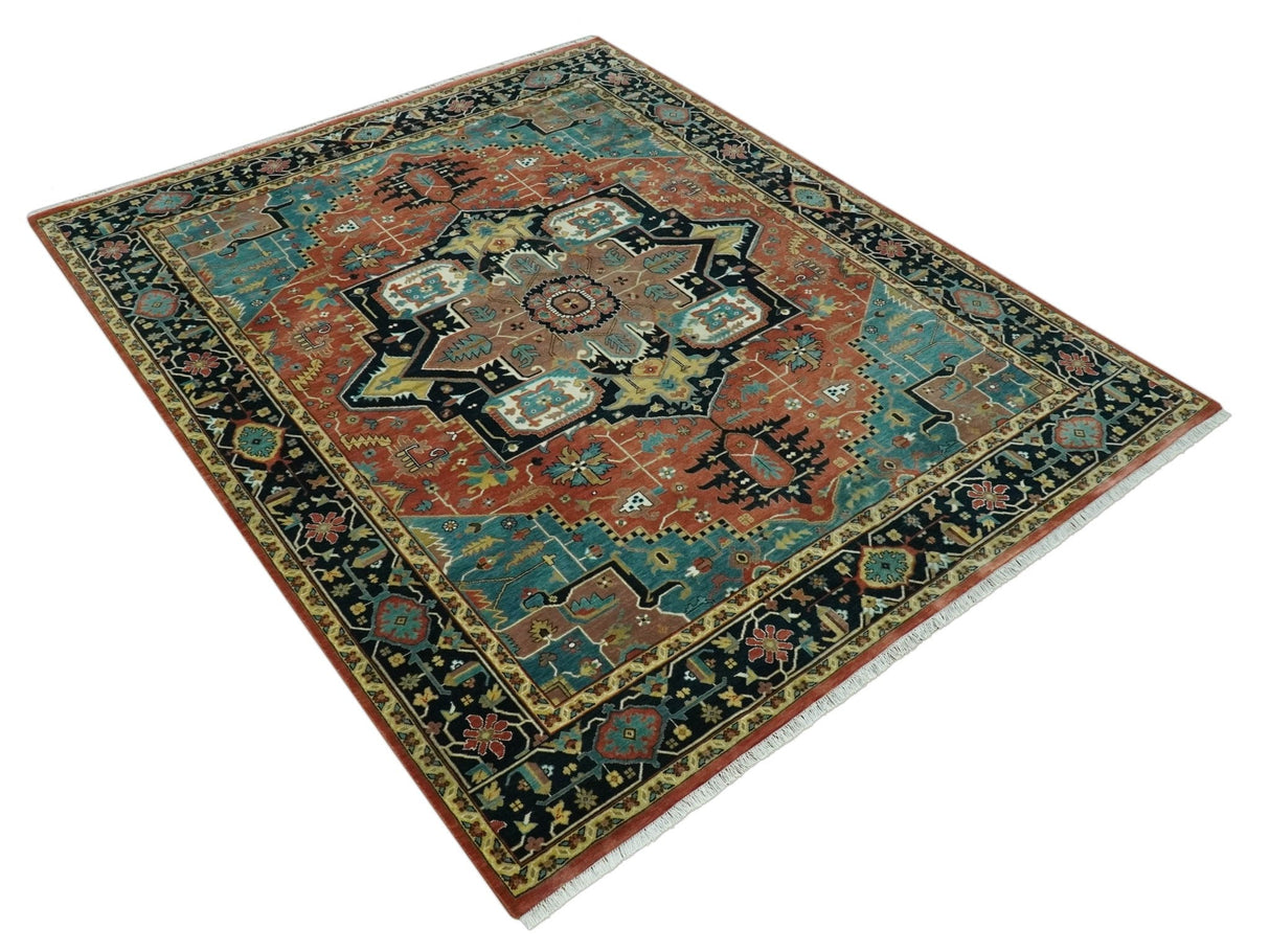 8x10 Fine Hand Knotted Rust, Teal and Dark Blue Traditional Heriz wool area rug