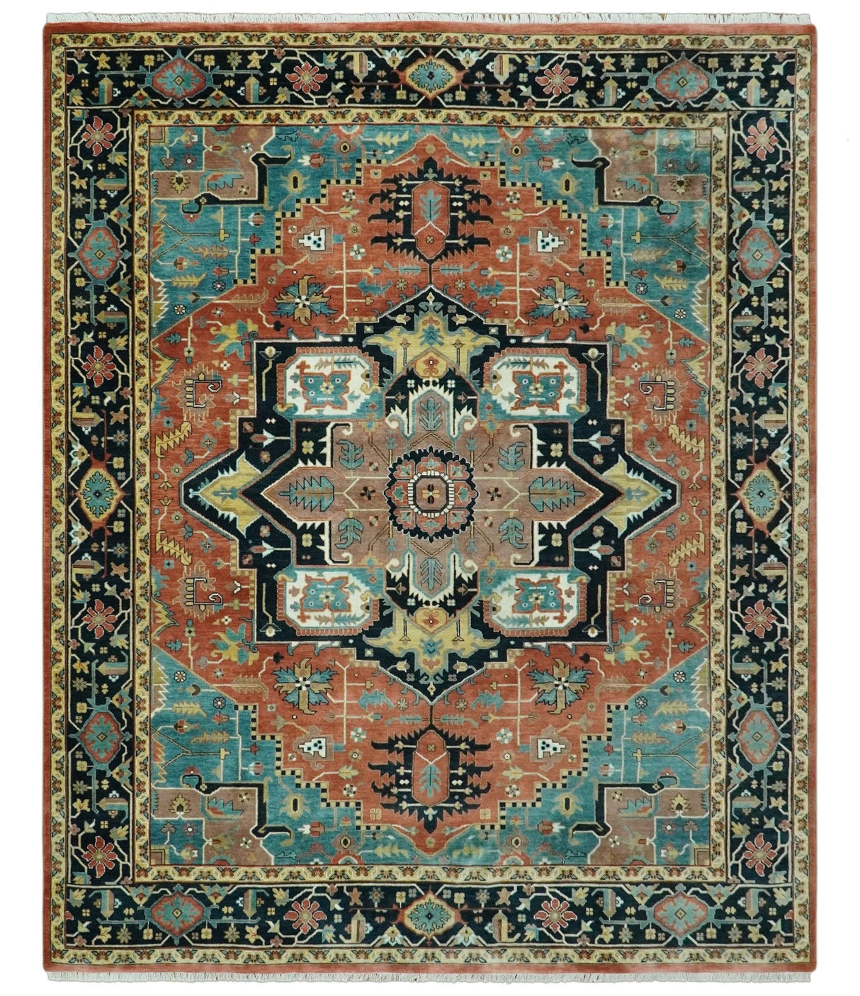 8x10 Fine Hand Knotted Rust, Teal and Dark Blue Traditional Heriz wool area rug