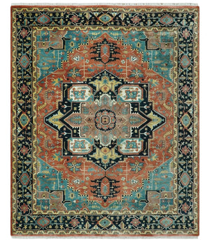 8x10 Fine Hand Knotted Rust, Teal and Dark Blue Traditional Heriz wool area rug