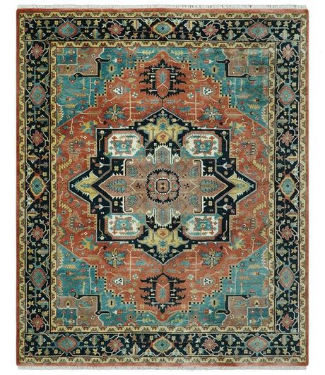 8x10 Fine Hand Knotted Rust, Teal and Dark Blue Traditional Heriz wool area rug