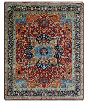 8x10 Fine Hand Knotted Rust and Blue Traditional Heriz Medallion wool area rug