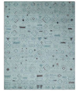 8x10 Gray and Silver Geometrical Pattern Handmade Wool Area Rug